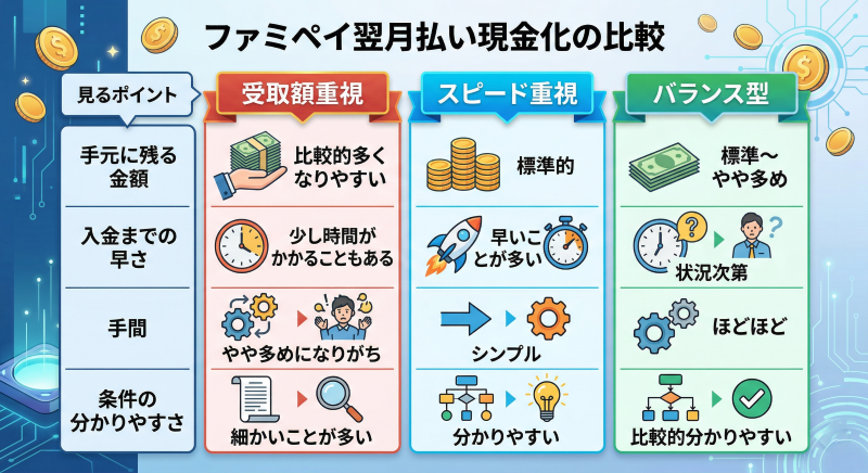 ファミペイ翌月払い現金化の方法比較